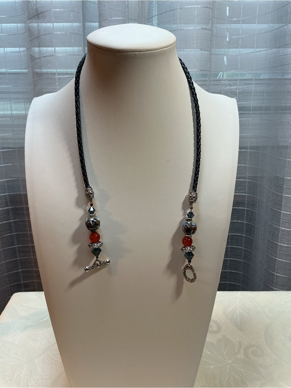 Braided Black Twisted Cord Earth Tone Glass Crystal Silver Tone Necklace